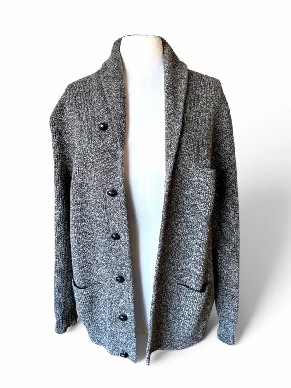 J.Crew Mens 100% Lambs Wool Shawl Collar Charcoal Grey Button Up Cardigan Large